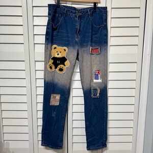 Men’s Size 38 Patch Jeans • 3D Teddy Bear • Japanese Streetwear Style